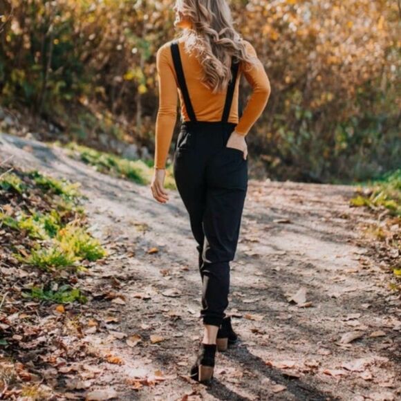 Albion Black Square Neck Overall Jumpsuit Sz Small Cinch Waist Adjustable Straps - Picture 7 of 12